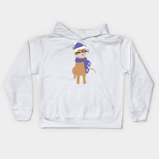 Winter Kitty Cat Wearing Blue Hat and Scarf Kids Hoodie